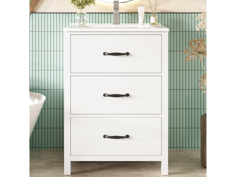  Meuble vasque salle de bain blanc 61 cm avec lavabo céramique intégré, 3 tiroirs silencieux, finition laquée  - Conforama B