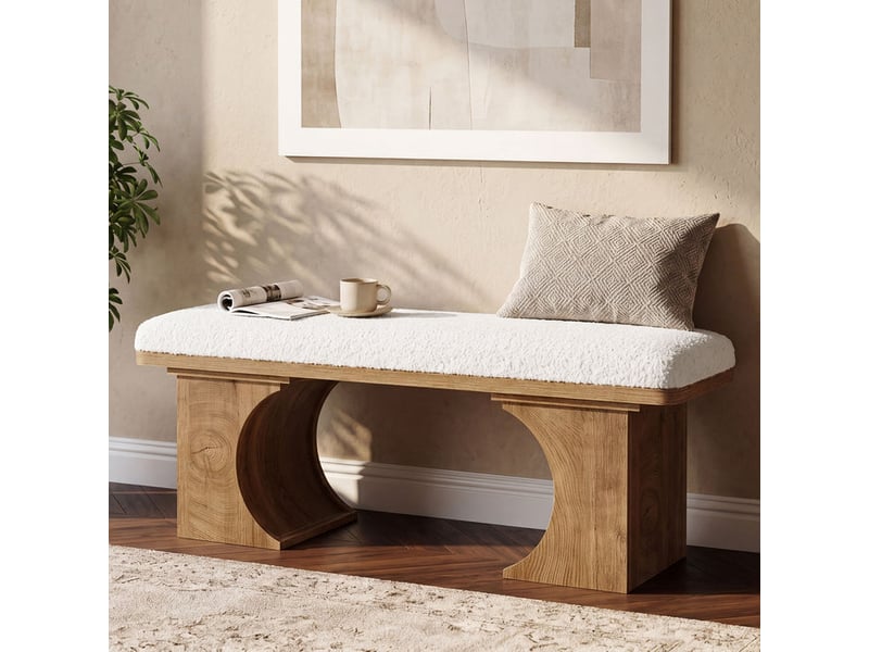  Banc rembourré de 120 cm, banc à chaussures au style rustique moderne avec coussin moelleux et pieds en bois incurvés, banc de bout de lit pour chambre ou entrée, blanc crème et marron.  - Conforama B