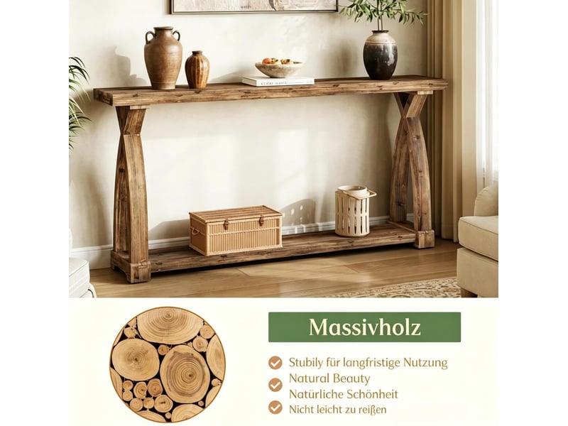  Table console 160 x 30 x 81 cm - marron - étagère basse, pieds réglables et style campagne élégant  - Conforama E