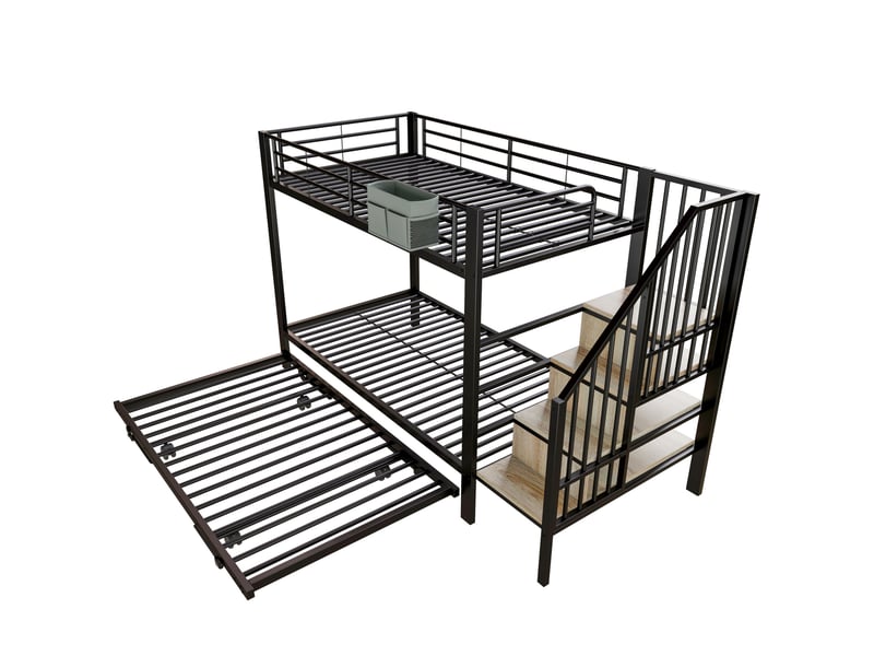 Lit superposé 90 x 200 cm noir en métal, lit gigogne, escalier avec rangements et poche de chevet - Conforama D