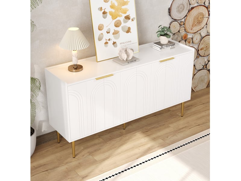  Buffet 140x38x75 cm, design moderne, portes, pieds métal doré, mdf blanc avec étagères réglables, rangement, élégant  - Conforama D