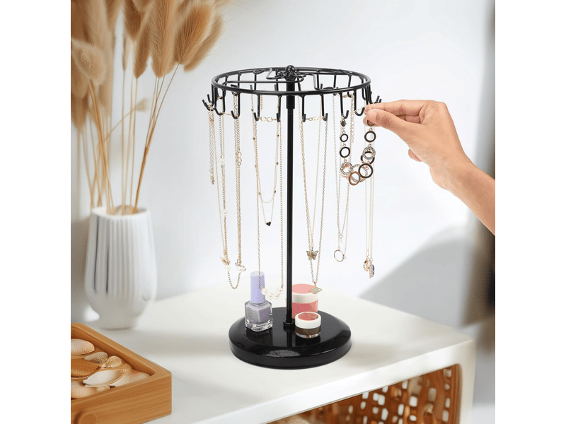  Porte bijoux rotatif en métal noir 23 crochets - h34,8 x l18 cm - tour de presentoir bijoux - porte collier bracelets bagues et boucles  - Conforama E
