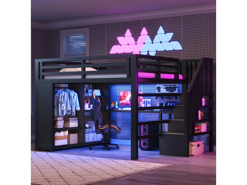  Lit mezzanine gaming en métal 160x200 cm, lit double led usb avec bureau, penderie ouverte, escalier rangement, noir  - Conforama B