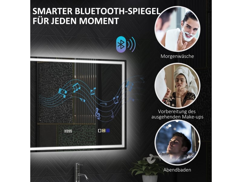Miroir de salle de bain led 80x60 cm, miroir mural avec enceinte bluetooth et horloge, anti-buée, 3 couleurs réglables, ip44, argent - Conforama E