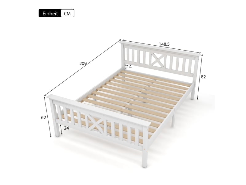  Lit 140x200 cm en bois massif, lit double en pin avec tête de lit, sommier à lattes, design naturel blanc  - Conforama C