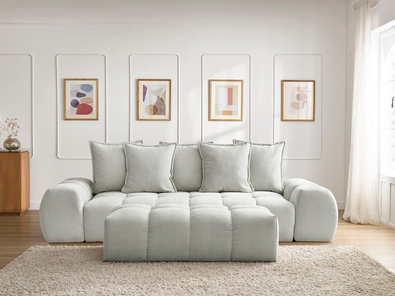 Bobochic canapé droit fixe 3 places everest tissu texturé avec pouf gris clair EVEREST - Conforama D