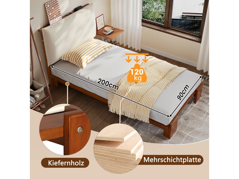 Lit simple 90x200 cm avec tête de lit en pin, cadre de lit adulte avec sommier lattes, lit 2 personnes, brun foncé, lit enfant  - Conforama R