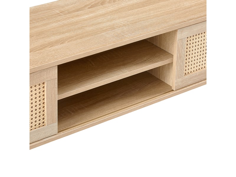  Meuble tv avec 2 portes coulissantes et 3 étagères réglables pour salon en mdf bois naturel  - Conforama D