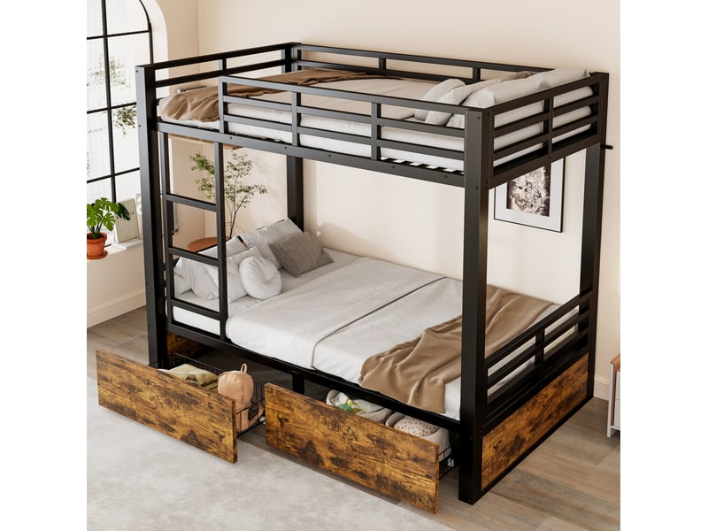  Lit superposé 90 × 200 cm avec deux tiroirs, échelle intégrée et barrières de sécurité en métal noir pour chambre  - Conforama D