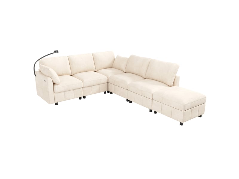  Canapé d’angle modulable 6 places 218x157x85 cm en chenille beige  - Conforama R