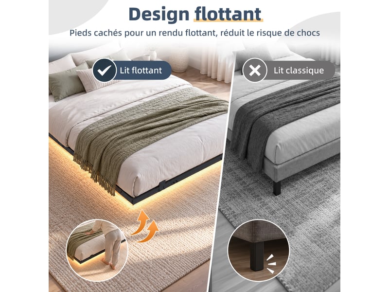 140x190cm-led-plateau de table pour tête de lit-cadre de lit tapissier- lit double-led-usb-type-c, gris  - Conforama W