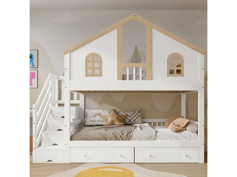 Lit superposé enfant 90x200 cm design maison avec escalier rangement, grands tiroirs, barrières de sécurité, bois blanc et naturel OMNIGLINT TRADING LTD - Conforama E