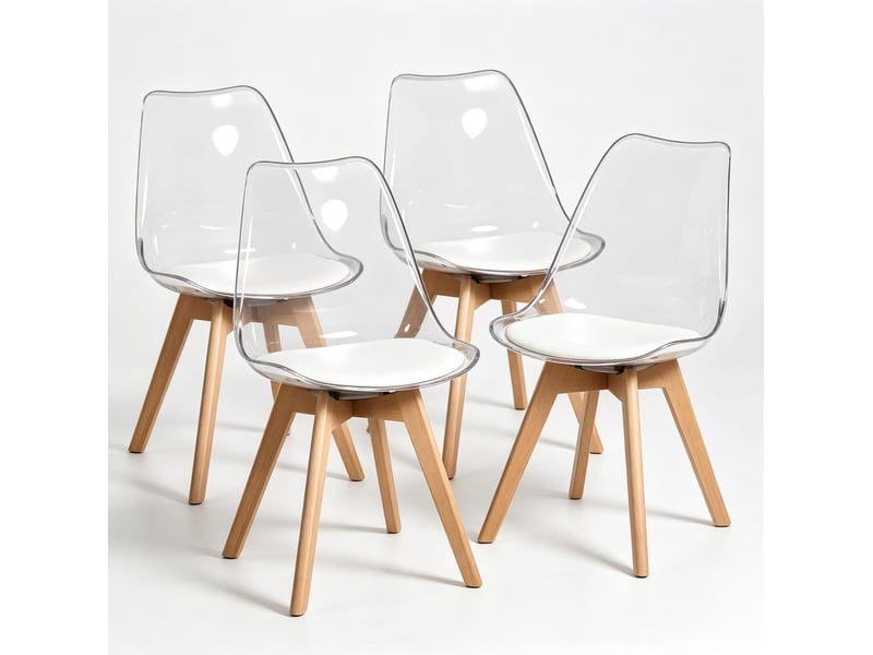  Lot de 4 chaises de salle à manger modernes en plastique et bois, assise blanche  - Conforama A