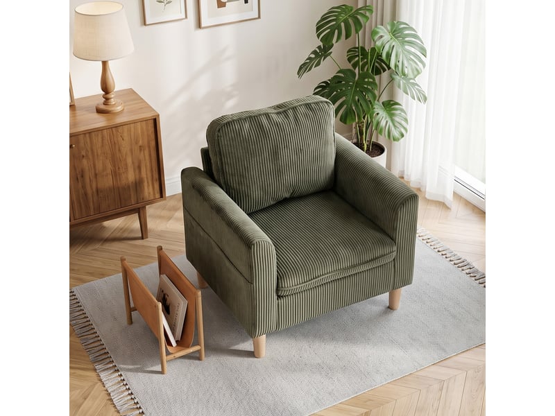  Fauteuil de salon style nordique pieds effilés bois clair velours côtelé vert  - Conforama B