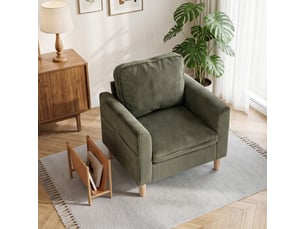 Fauteuil de salon style nordique pieds effilés bois clair velours côtelé vert