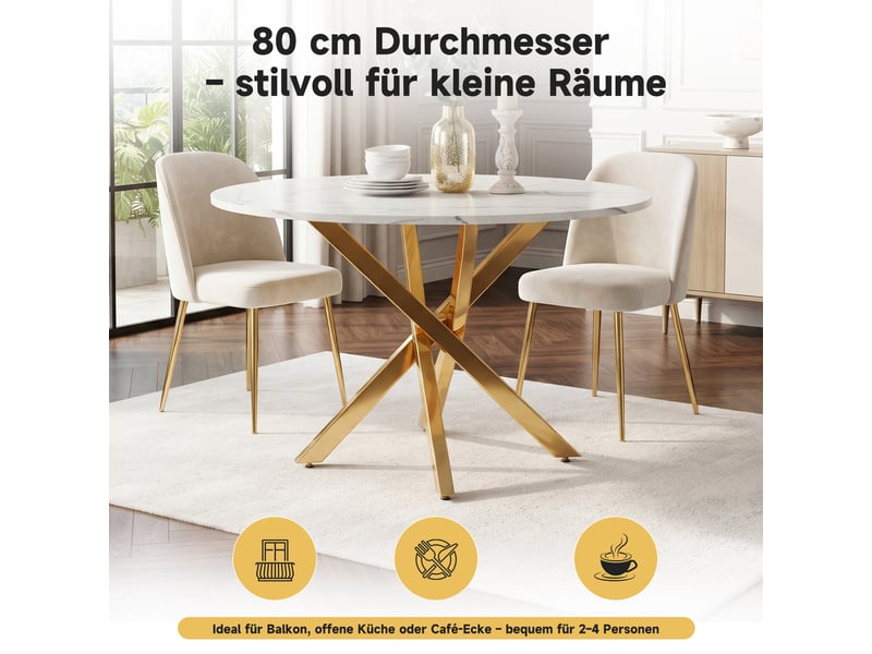  Table de salle à manger ronde avec plateau effet marbre et pieds croisés en métal, ø 80×75 cm, blanc et doré  - Conforama E