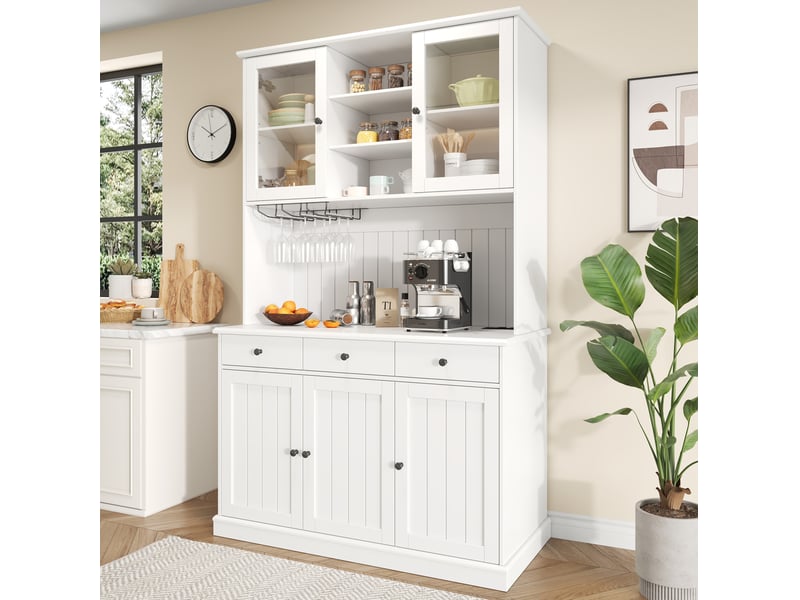  Buffet haut blanc 120 x 40 x 191 cm avec portes vitrées et prises intégrées  - Conforama C