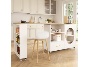 Îlot de cuisine extensible 120-180×60×90cm sur roulettes,table de bar rotative à 360 avec tiroirs et rangement,table à manger mobile,blanc
