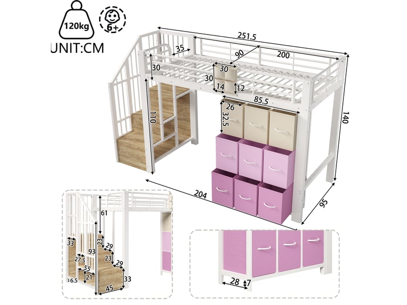  Lit mezzanine enfant 90x200 cm blanc en métal et mdf, escalier de rangement, tiroirs et penderie  - Conforama C