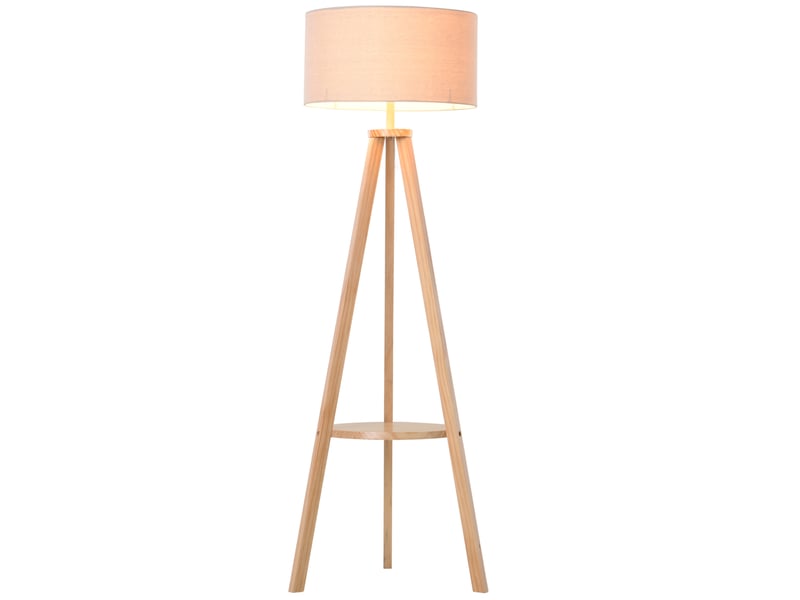  Lampadaire trépied avec structure en bois naturel, abat-jour en tissu beige et compartiment de rangement intégré, 50 x 50 x 154 cm  - Conforama A