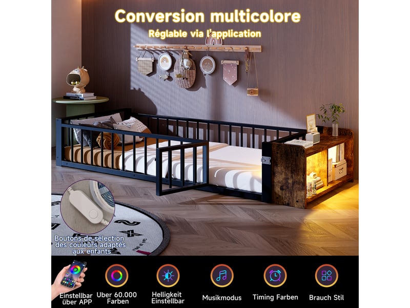  Lit enfant en métal 90x200, cadre de lit noir avec rangement intégré, barrière de sécurité et éclairage led, design moderne  - Conforama R