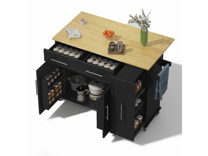  Îlot de cuisine noir avec rallonge, roulettes, panier de rangement à 3 niveaux, étagère interne, porte-serviettes et 2 tiroirs  - Conforama A
