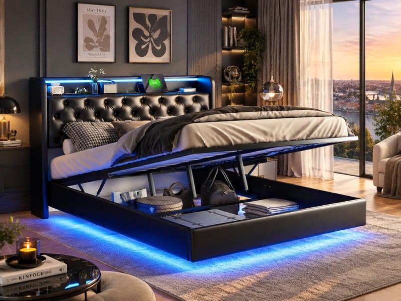  Lit 2 places 140x200 cm en cuir pu noir avec led, usb et rangement hydraulique – sommier suspendu  - Conforama B