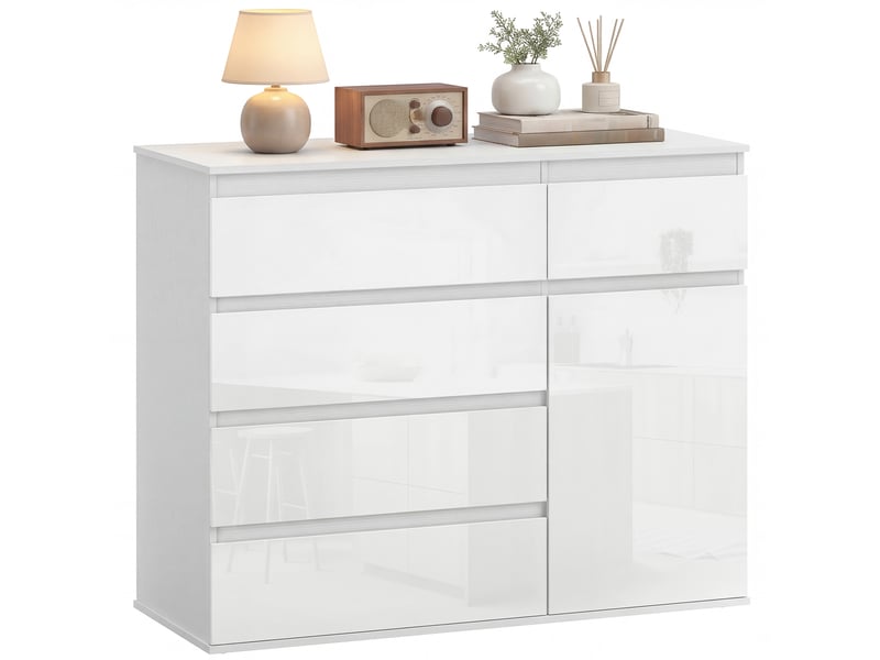  Buffet, meuble à 5 tiroirs, étagère réglable, blanc brillant.  - Conforama A