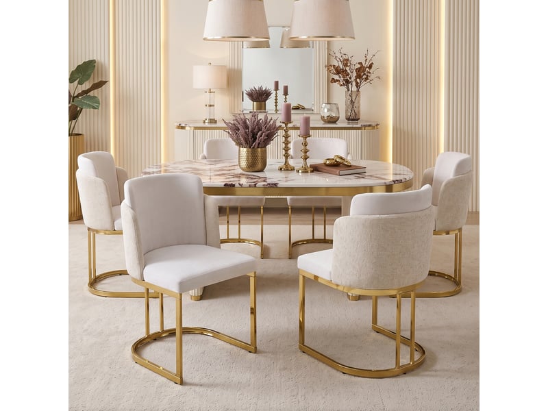Lot de 6 chaises de salle à manger beige et or en chenille pieds dorés dossier haut confortables - Conforama B