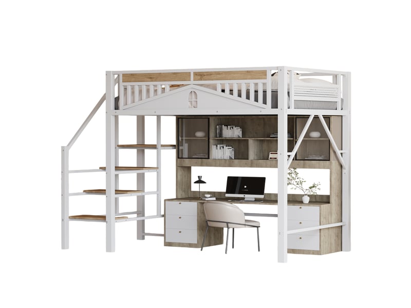  Lit mezzanine 140x200 cm - lit simple avec échelle et barrières de sécurité - sans matelas - métal et bois blanc  - Conforama A