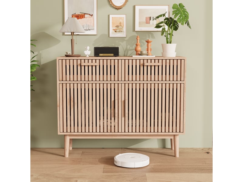  Buffet de cuisine 100 x 35 x 80 cm - bois clair - meuble de rangement avec 2 tiroirs, 2 portes et façade à lattes, style scandinave et japonais  - Conforama D