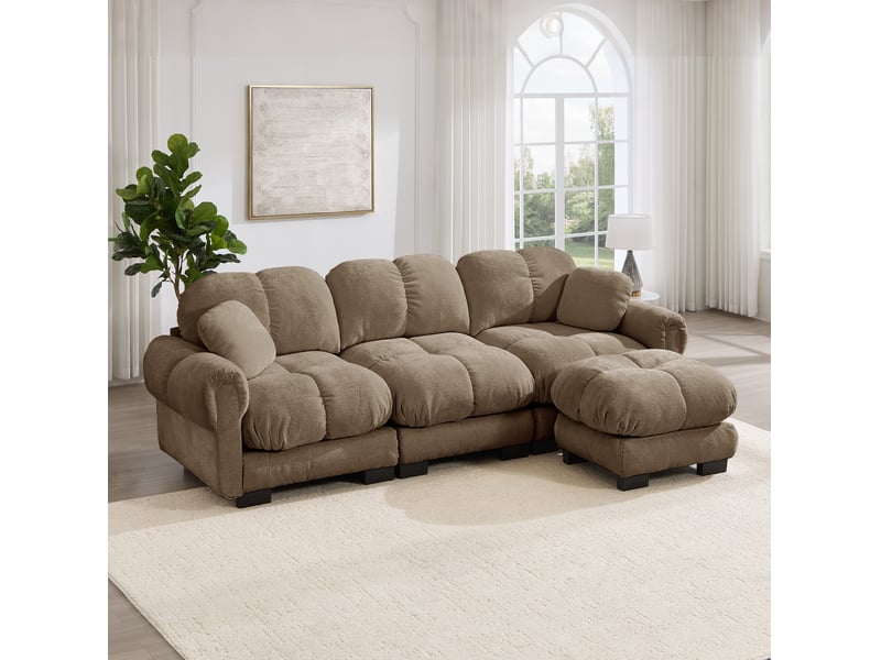 Canapé 3 places en l 260x149x90 cm, matelassée, 2 coussins déco, pouf déplaçable, tissu en chenille, marron - Conforama D