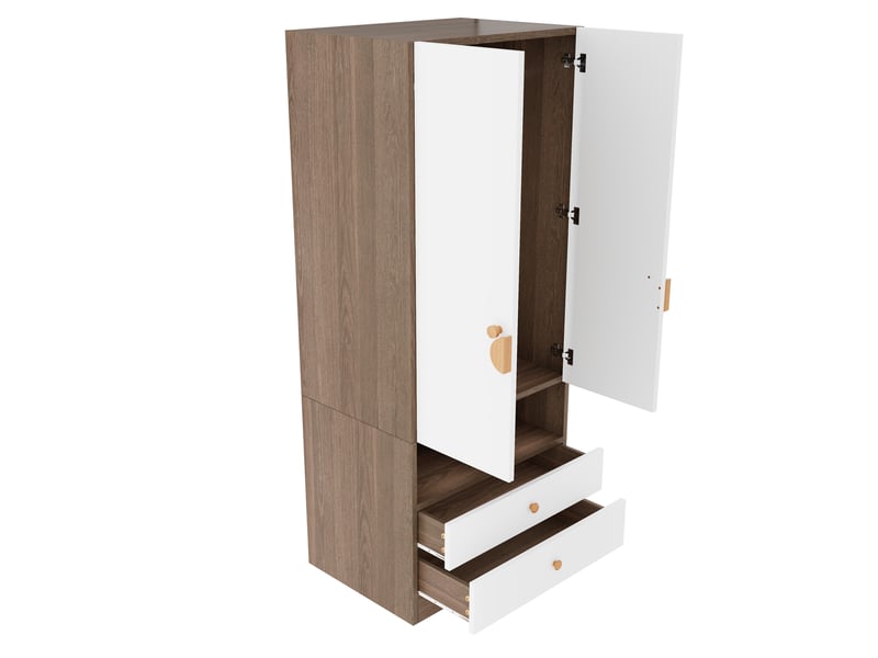  Armoire simple 70 × 50 × 170 cm avec 2 tiroirs, portes à poignées décoratives et compartiments de rangement, finition bois naturel  - Conforama D
