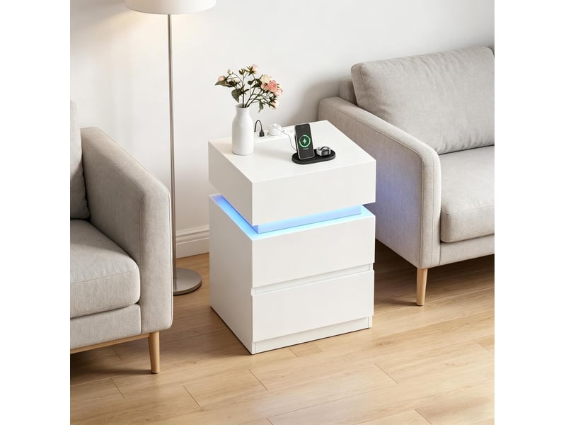  Table de chevet led 40x35x55 cm – blanc – station de charge, 2 prises, 2 usb et rangement  - Conforama E