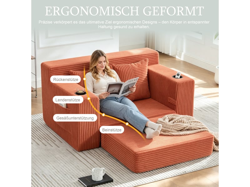 Canapé convertible - ce canapé-lit deux places moderne est un canapé confortable revêtu de cachemire, orange - Conforama R