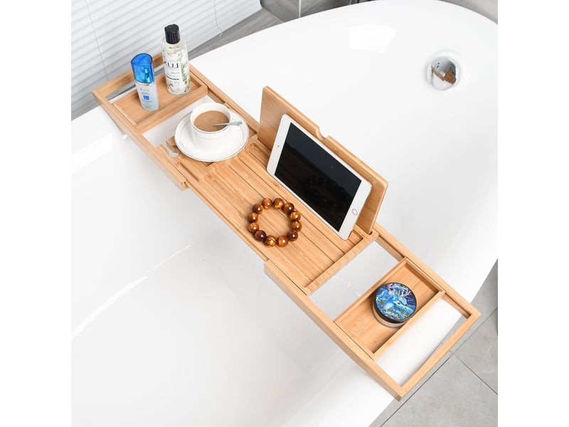 Plateau de bain 60-87 x 30 x 3 cm - decoration salle de bain bambou avec support de livre et porte-tablette - Conforama D