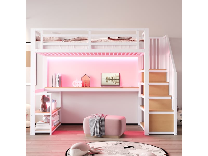  Lit mezzanine 90x200 cm en métal avec led, prise, escalier de rangement, bureau et étagères, blanc Fay Lum - Conforama B