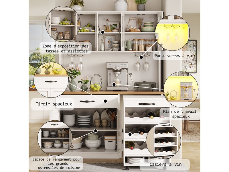  Meuble de cuisine muvano blanc avec desserte amovible et éclairage led, buffet 140 x 38 x 180 cm  - Conforama R