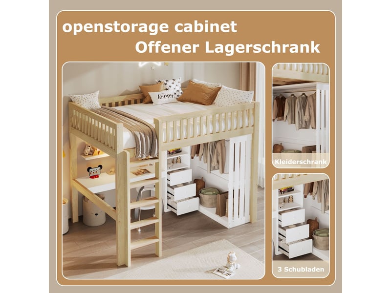  Lit mezzanine 140x200cm avec bureau, armoire et escalier - lit double - 3 tiroirs, rangement ouvert, garde-corps, pin massif naturel  - Conforama E