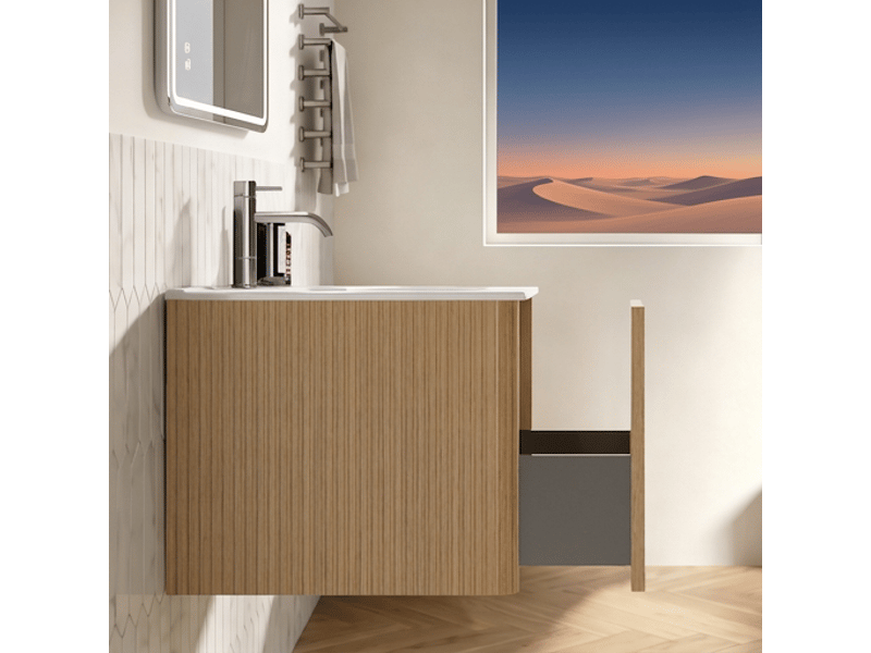  Ensemble meuble de salle de bain 60 cm suspendu avec miroir led anti-buée et lavabo intégré chêne  - Conforama D