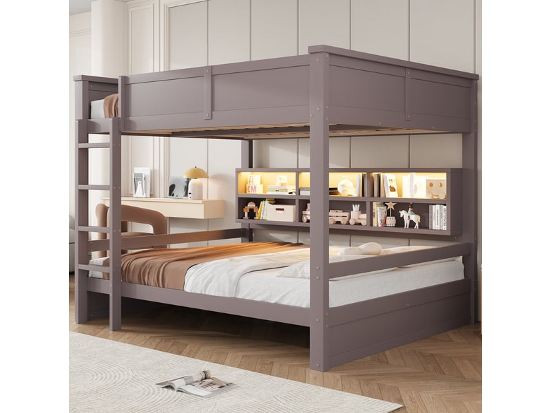  Lit superposé 2 x 160 x 200 cm avec 6 rangements et éclairage led intégré, barrières de sécurité - marron  - Conforama D