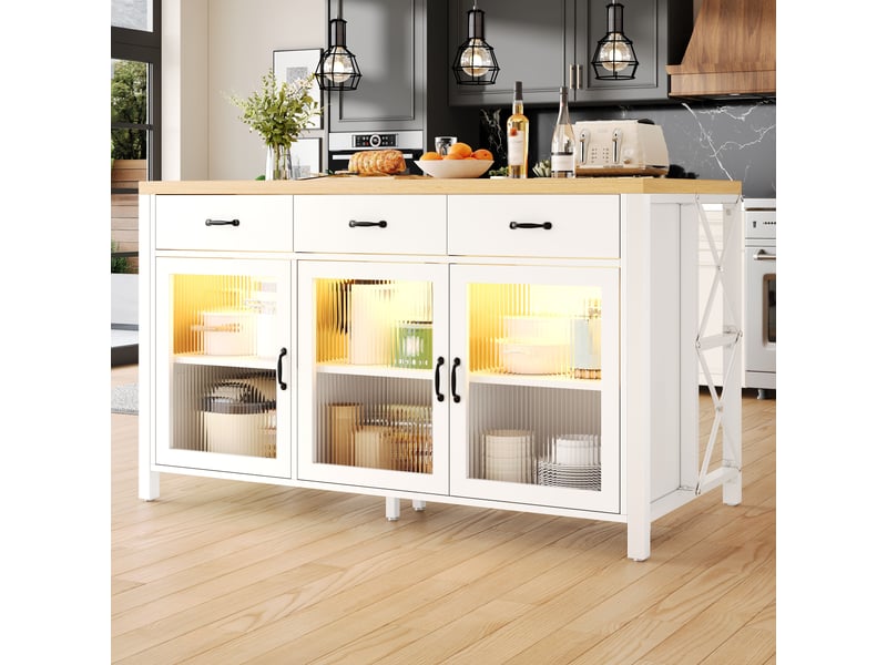 Îlot de cuisine 150x80x90cm avec 3 tiroirs, portes vitrées, éclairage et pieds réglables, style industriel, blanc et naturel evarich - Conforama E
