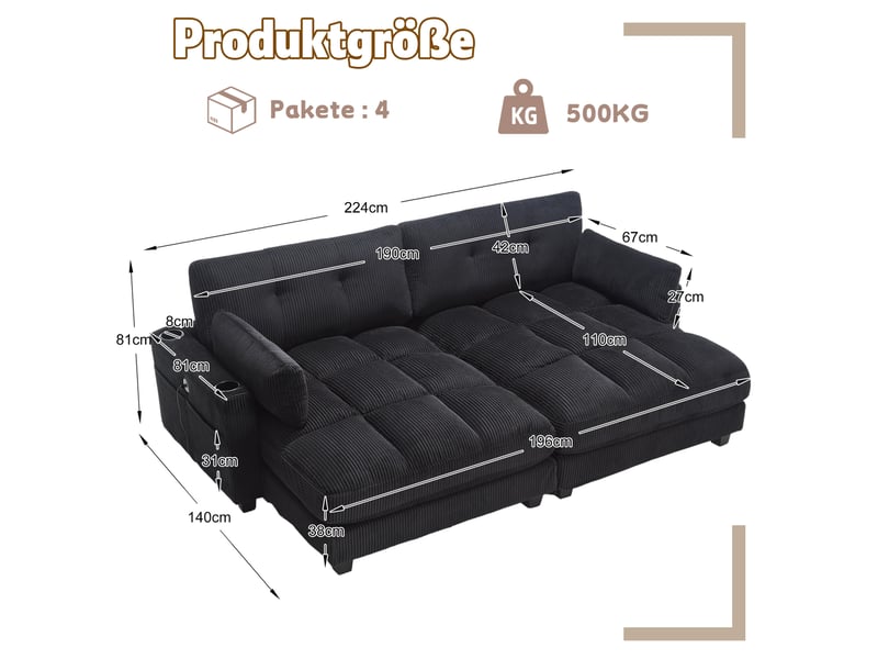  Canapé 2 places modenvie modulable, séparable en 2 fauteuils, velours côtelé noir, ports usb, 4 porte-gobelets, 4 poches, 224 x 140 x 81 cm  - Conforama C