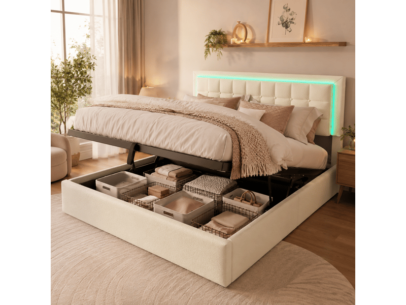  Lit coffre 160x200 cm - avec éclairage led - avec rangement - en pu - blanc CARDUME ESTIVAL - Conforama E
