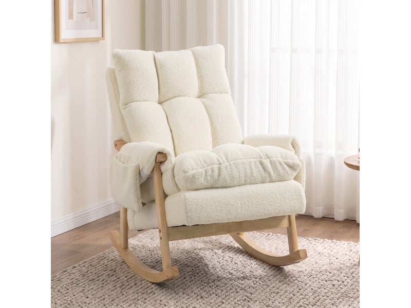 Rocking-chair avec deux poches latérales et patins en feutre, assise rembourrée en flanelle polyester blanc crème  - Conforama B
