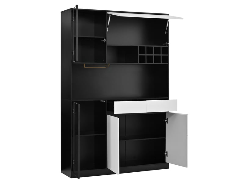 Buffet haut avec led et porte-verres 120x35x180 cm en mdf noir et blanc - Conforama E