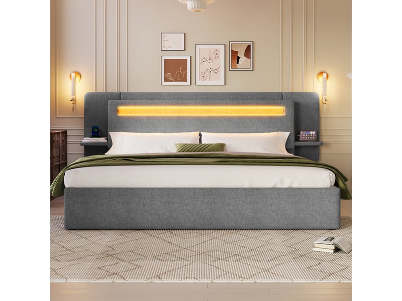 Lit coffre capitonné 180 x 200 cm - avec rangement coffre - table de chevet, port usb et led - mdf + lin - gris (sans matelas) - Conforama W