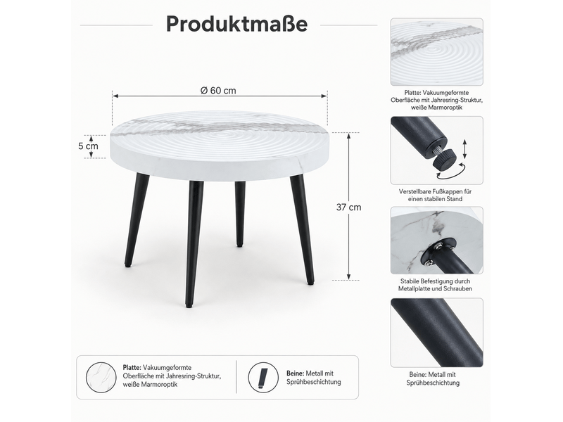  Table basse avec plateau effet marbre, pieds métalliques réglables, surface facile à nettoyer pour salon, blanc et noir  - Conforama C