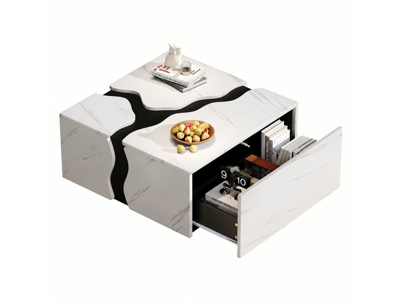  Table basse de salon avec tiroir, design géométrique, 70 x 70 cm, effet marbre blanc  - Conforama A