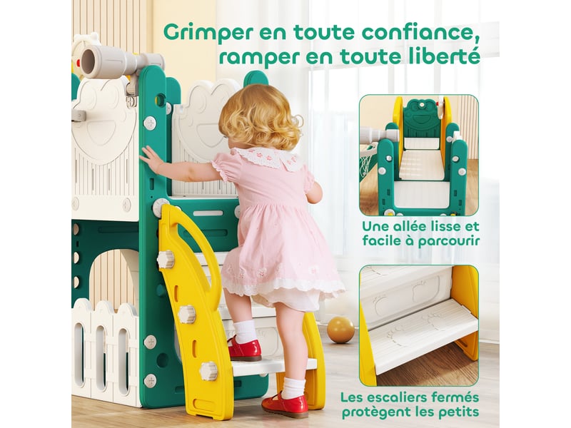  Toboggan pour enfant 7 en 1 avec panier de basket, télescope, rangement, tunnel, escalade, tableau de dessin, jaune  - Conforama W